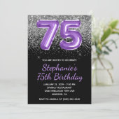 Silver Glitzer Black Royal Lila Number 75 Einladung (Stehend Vorderseite)