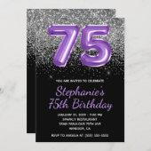Silver Glitzer Black Royal Lila Number 75 Einladung (Vorne/Hinten)