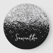 Silver Glitzer Black Script Name Große Wanduhr (Vorderseite)