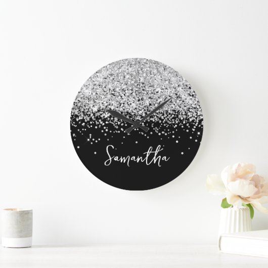 Silver Glitzer Black Script Name Große Wanduhr (Zuhause)