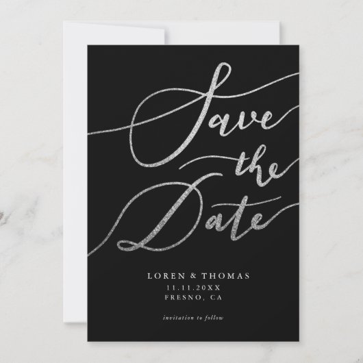Silver Glitzer Black Script Typografie Save The Date (Vorderseite)