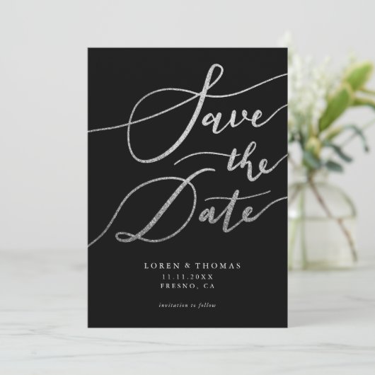 Silver Glitzer Black Script Typografie Save The Date (Stehend Vorderseite)