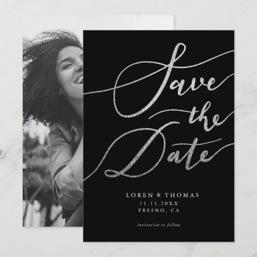 Silver Glitzer Black Script Typografie Save The Date (Vorne/Hinten)