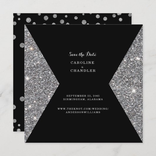 Silver Glitzer & Black Wedding Save the Date Glam (Vorne/Hinten)