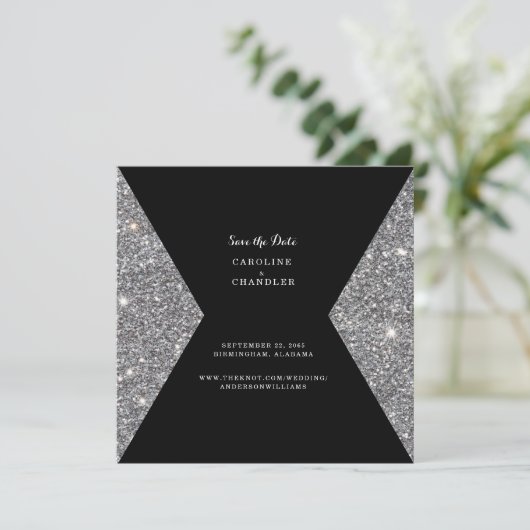 Silver Glitzer & Black Wedding Save the Date Glam (Stehend Vorderseite)