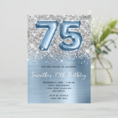 Silver Glitzer Blue Balloon Glam 75. Geburtstag Einladung (Stehend Vorderseite)