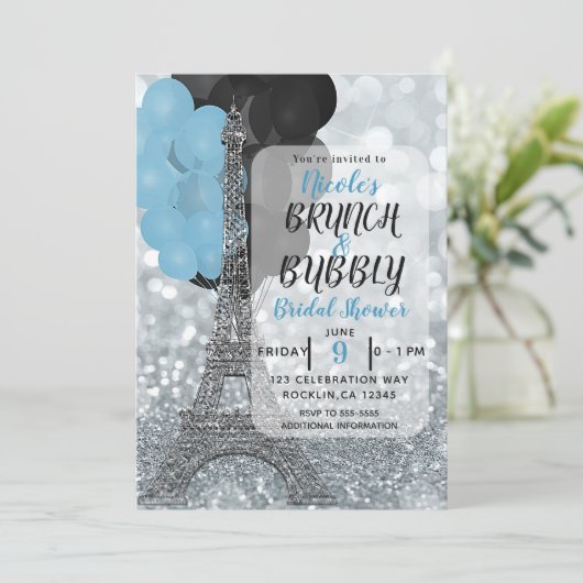 Silver Glitzer Blue Balloons Eiffel Tower Paris Einladung (Stehend Vorderseite)