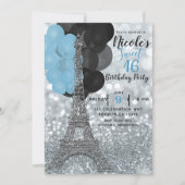 Silver Glitzer Blue Balloons Paris Eiffel Tower Einladung (Vorderseite)