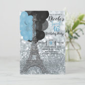 Silver Glitzer Blue Balloons Paris Eiffel Tower Einladung (Stehend Vorderseite)