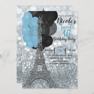 Silver Glitzer Blue Balloons Paris Eiffel Tower Einladung