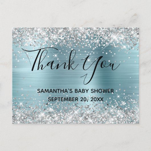 Silver Glitzer Blue Foil Baby Dusche Vielen Dank Postkarte (Vorderseite)
