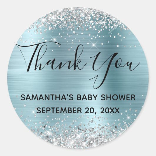 Silver Glitzer Blue Foil Baby Dusche Vielen Dank Runder Aufkleber (Vorderseite)
