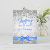 Silver Glitzer Blue Ribbon Weihnachtsfeiertag Einladung (Stehend Vorderseite)