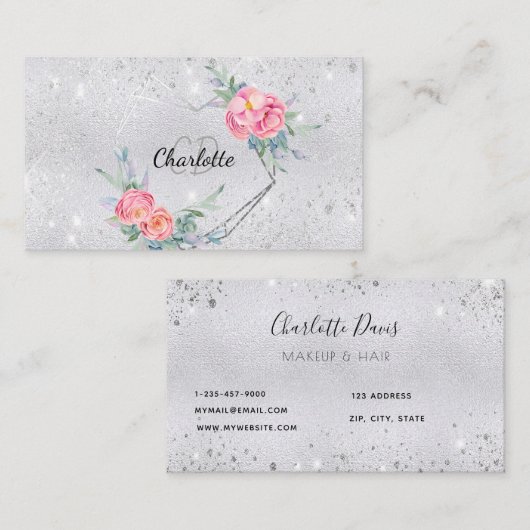 Silver Glitzer Blumenmaske Schönheit Visitenkarte (Vorne/Hinten)