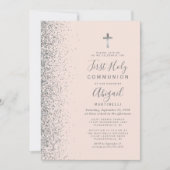 Silver Glitzer Blush Pink Erste Heilige Kommune Einladung (Vorderseite)