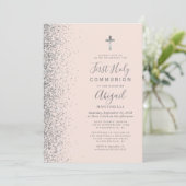 Silver Glitzer Blush Pink Erste Heilige Kommune Einladung (Stehend Vorderseite)