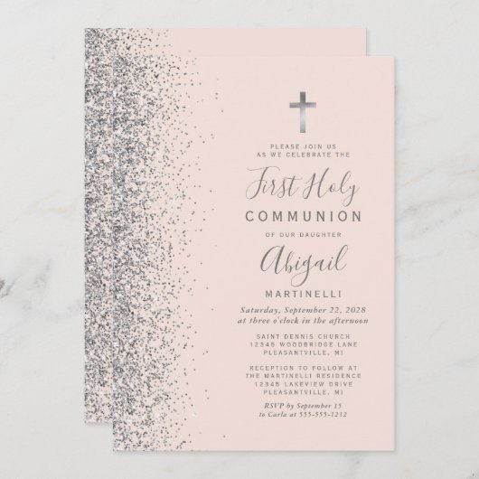 Silver Glitzer Blush Pink Erste Heilige Kommune Einladung (Vorne/Hinten)