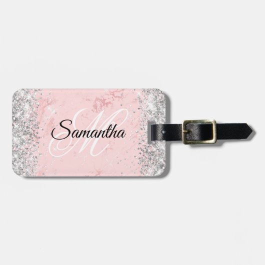 Silver Glitzer Blush Pink Marmor Gepäckanhänger (Vorderseite horizontal)