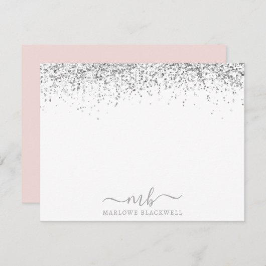 Silver Glitzer Blush Pink Mit Monogramm Note Card Mitteilungskarte (Vorne/Hinten)