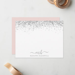 Silver Glitzer Blush Pink Mit Monogramm Note Card Mitteilungskarte