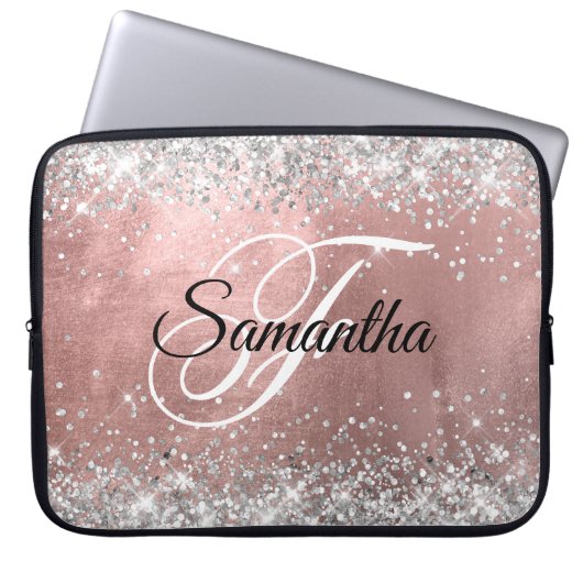 Silver Glitzer Blush Rose Gold Ombre Foil Monogram Laptopschutzhülle (Vorderseite)