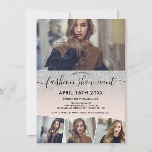 Silver Glitzer Blush Script Fotos Modenschau Einladung (Rückseite)