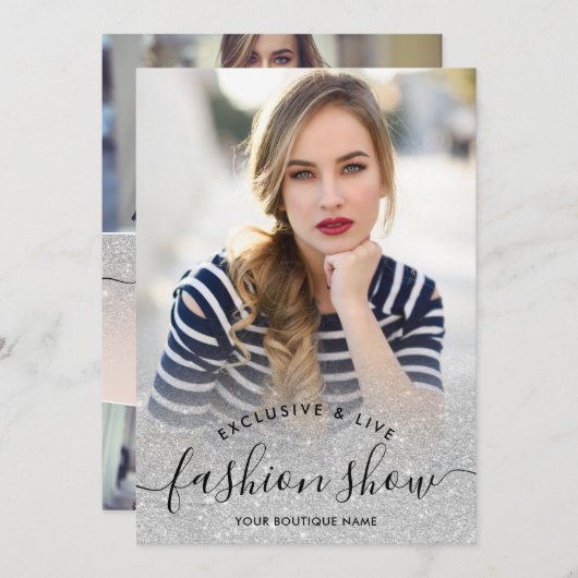 Silver Glitzer Blush Script Fotos Modenschau Einladung (Vorne/Hinten)