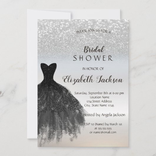 Silver Glitzer Bokeh, Black Dress Brautparty Einladung (Vorderseite)