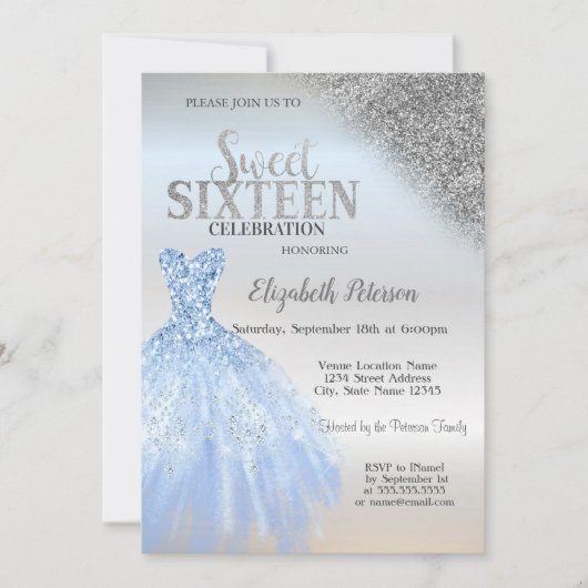 Silver Glitzer Bokeh, Blue Dress Silver Sweet 16 Einladung (Vorderseite)