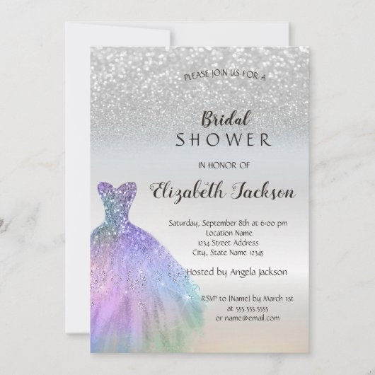 Silver Glitzer Bokeh, Chic Dress Brautparty Einladung (Vorderseite)