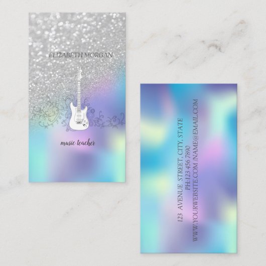 Silver Glitzer Bokeh, Gitarre, Blue Holographic Visitenkarte (Vorne/Hinten)