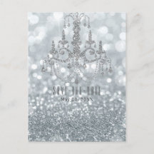 Silver Glitzer Bokeh Glam Chandelier Save the Date