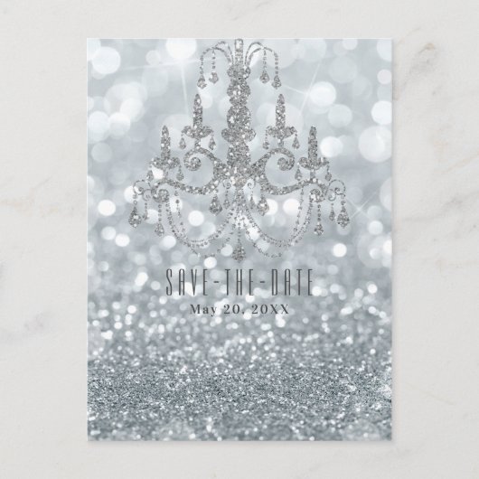 Silver Glitzer Bokeh Glam Chandelier Save the Date Ankündigungspostkarte (Vorderseite)