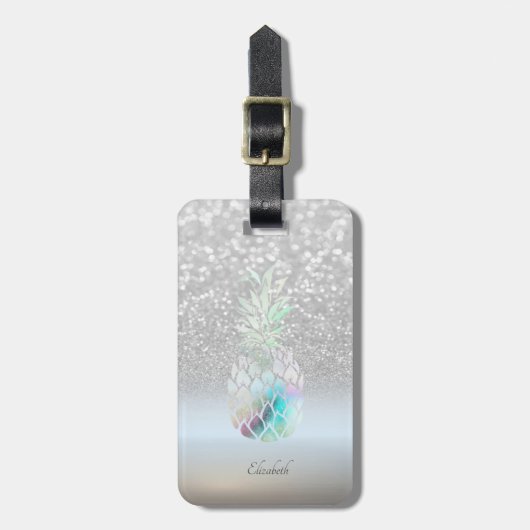 Silver Glitzer Bokeh Ombre, Ananas- Personalisiert Gepäckanhänger (Vorderseite vertikal)