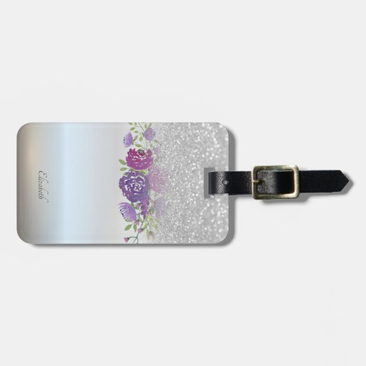 Silver Glitzer Bokeh Ombre, Blume - Personalisiert Gepäckanhänger (Vorderseite horizontal)