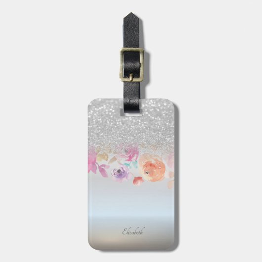 Silver Glitzer Bokeh Ombre, floral -Personalisiert Gepäckanhänger (Vorderseite vertikal)
