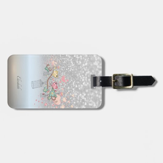 Silver Glitzer Bokeh Ombre, Vögel - Personalisiert Gepäckanhänger (Vorderseite horizontal)