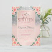 Silver Glitzer Bokeh, Tiara Floral Sweet 16 Party Einladung (Stehend Vorderseite)