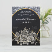 Silver Glitzer Border Black Rose Einladung (Stehend Vorderseite)