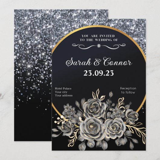 Silver Glitzer Border Black Rose Einladung (Vorne/Hinten)
