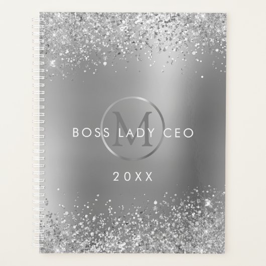 Silver Glitzer Boss Lady CEO Monogram Planer (Vorderseite)