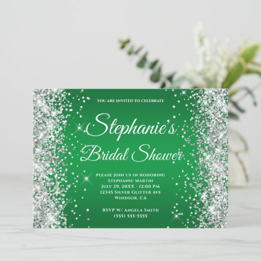 Silver Glitzer Bright Green Ombre Extravagant Mono Einladung (Stehend Vorderseite)
