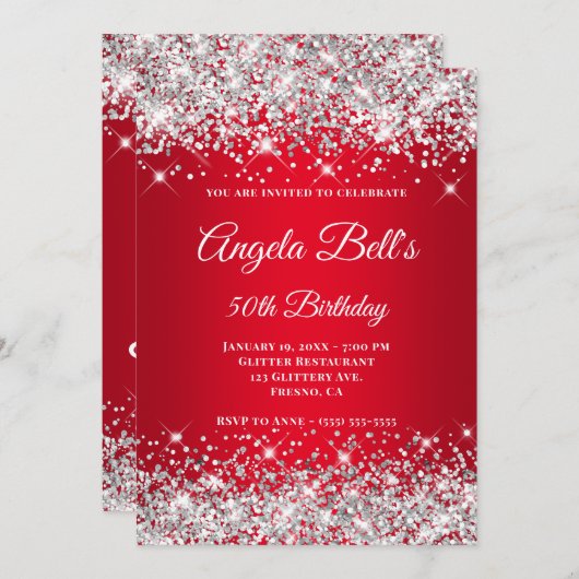 Silver Glitzer Bright Red Ombre Extravagant Monogr Einladung (Vorne/Hinten)