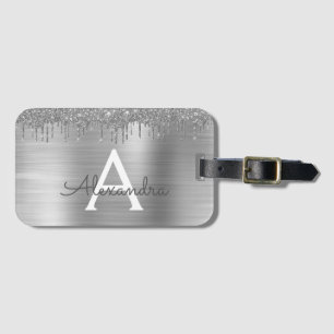 Silver Glitzer Brushed Metal Monogram Name Gepäckanhänger