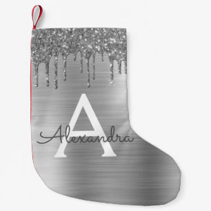 Silver Glitzer Brushed Metal Monogram Name Kleiner Weihnachtsstrumpf