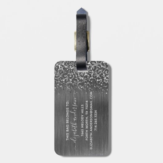 Silver Glitzer Brushed Metal Monogram Script Gepäckanhänger (Rückseite vertikal)