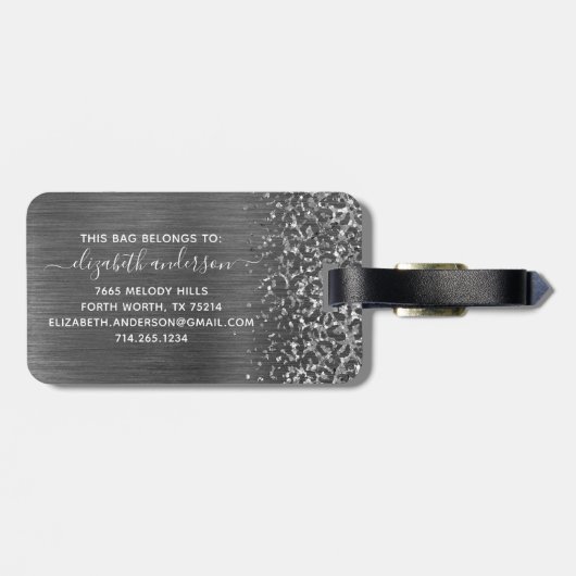 Silver Glitzer Brushed Metal Monogram Script Gepäckanhänger (Rückseite horizontal)
