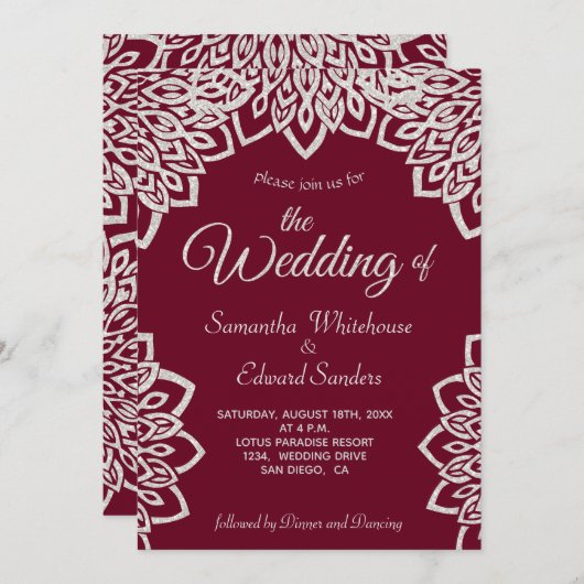 Silver Glitzer Burgundy Elegante Wedding Einladung (Vorne/Hinten)