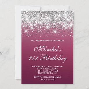 Silver Glitzer Burgundy Ombre Bold 21. Geburtstag Einladung