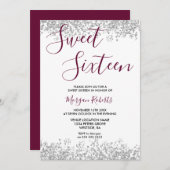 Silver Glitzer Burgundy Sweet 16 Party Einladung (Vorne/Hinten)